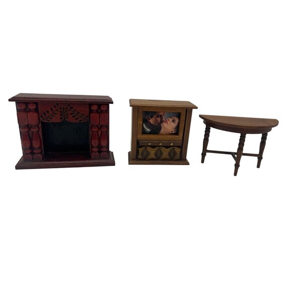 J.B. Miniatures Other - J.B. Miniatures 1:12 Wood TV, Fireplace & DemiLune Table Set Dollhouse Furniture